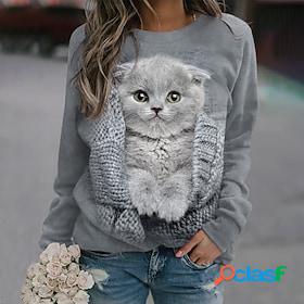 Womens Sweatshirt Pullover Basic Gray Cat Street Long Sleeve