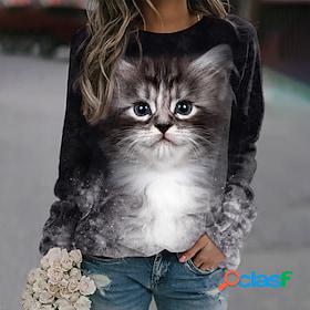 Womens Sweatshirt Pullover Print Active Streetwear Gray Cat