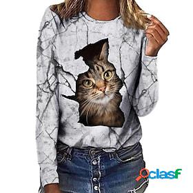 Womens T shirt Tee Blue Khaki Light Grey Print Cat 3D Daily