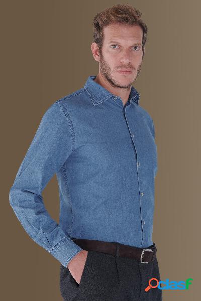 Camicia casual uomo collo francese in cotone denim tinta