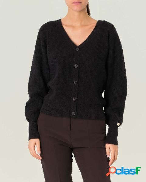 Cardigan nero in misto lana e cashmere a coste con scollo a