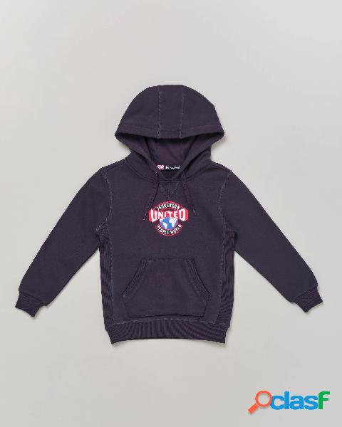 Felpa blu con cappuccio tasche a marsupio e stampa logo