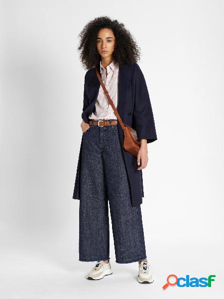 Jeans cropped palazzo in cotone blu con dettagli in vita e