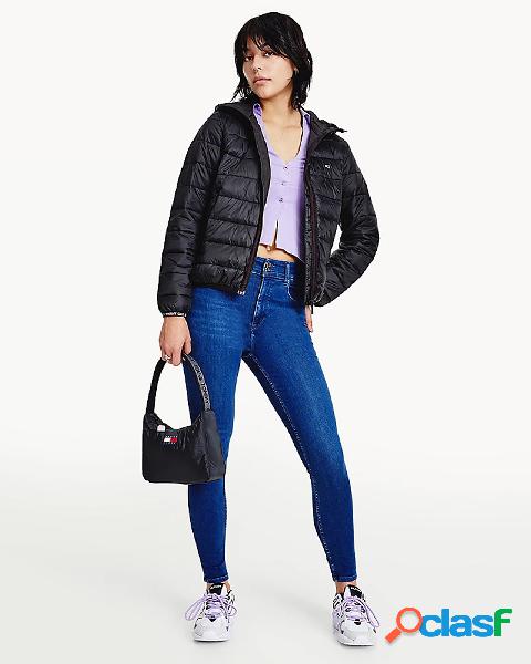 Piumino con cappuccio nero in nylon lucido trapuntato con
