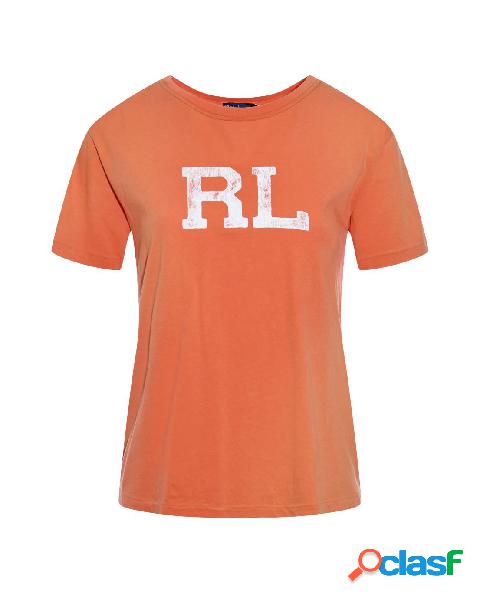 T-shirt arancione in cotone a maniche corte con scritta RL