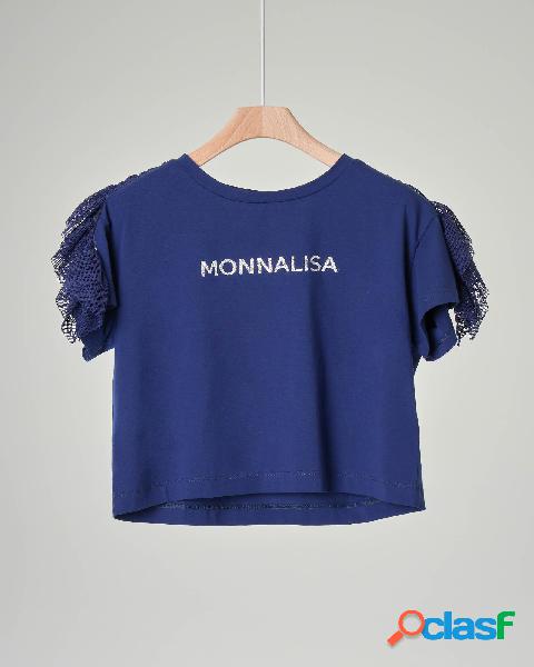 T-shirt blu cropped con logo lurex e volants in tulle 10-12