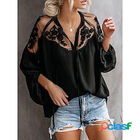 Women's Blouse Shirt Black White Lace up Lace Plain Long