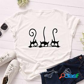 Womens Blouse T shirt Tee White Yellow Pink Print Animal Cat