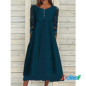 Womens Midi Dress Gauze Dress Navy Blue 3/4 Length Sleeve
