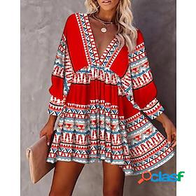 Womens Red Geometric Long Sleeve Winter Fall Autumn Ruched