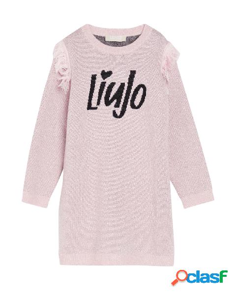 Abito rosa lungo in maglia con logo e frange applicate sulle