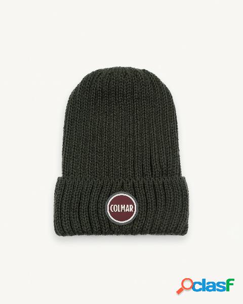 Berretto verde militare in lana a coste inglesi con logo