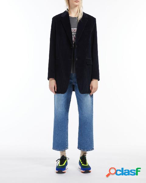 Blazer blu in velluto a coste con revers classico e chiusura