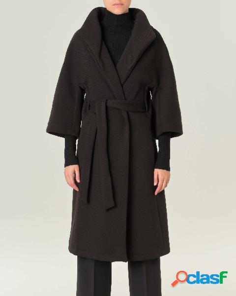 Cappotto nero lungo a kimono in tessuto diagonale di misto