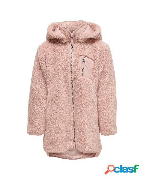Cappotto rosa in tessuto teddy con cappuccio e inserti in