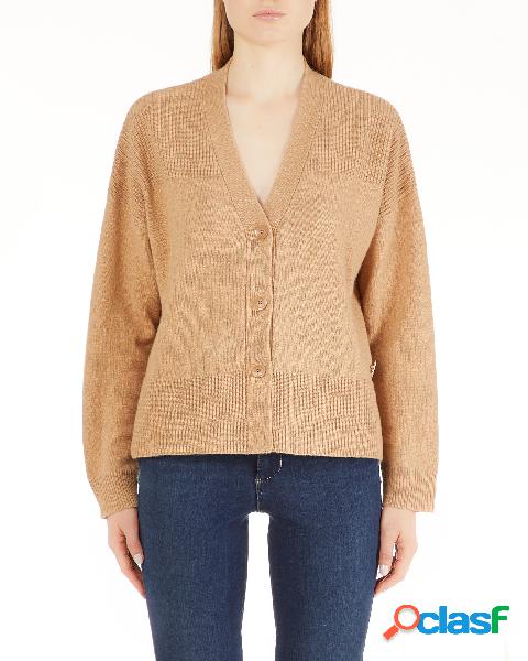Cardigan oversize color cammello in lana e cotone con scollo