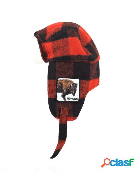 Cuffia con paraorecchie in buffalo check con patch bufalo e