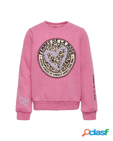 Felpa girocollo rosa in misto cotone con bollo in grafica