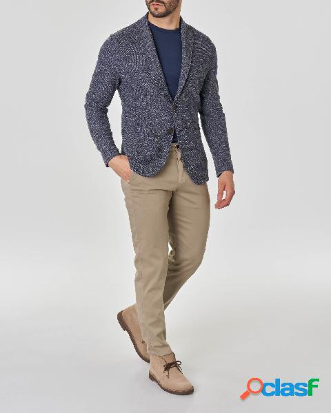 Giacca maglia blu in cotone effetto fiammato