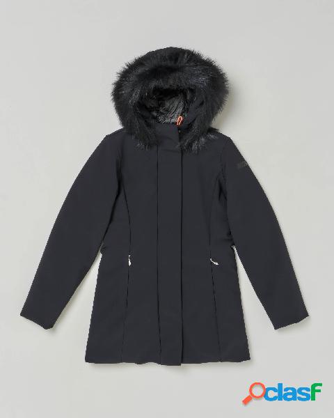 Giaccone nero in nylon elasticizzato con cappuccio e