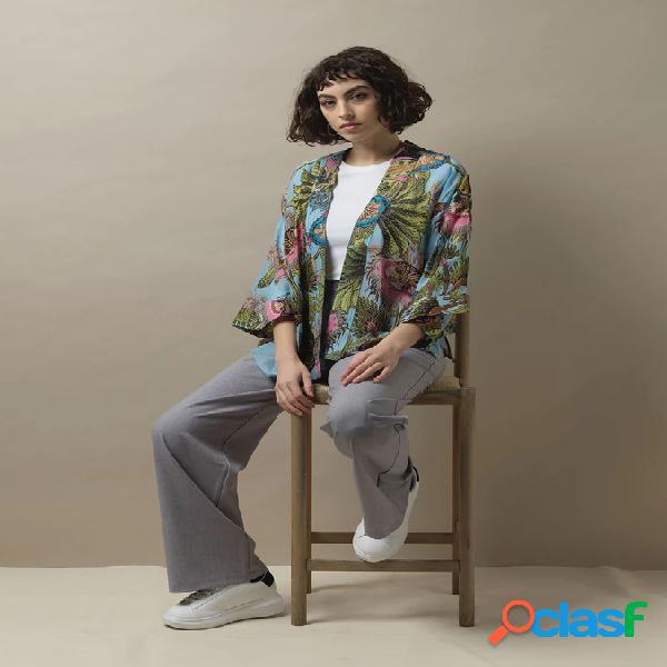 Kimono corto color ottanio in misto cupro e modal a fantasia