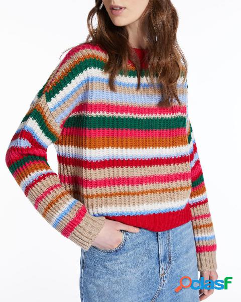 Maglia a righe multicolore in pura lana a coste inglesi con
