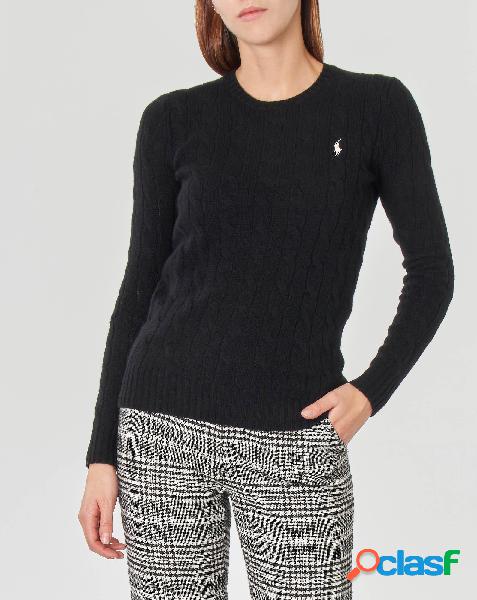 Maglia girocollo nera in lana e cashmere con motivo trecce e