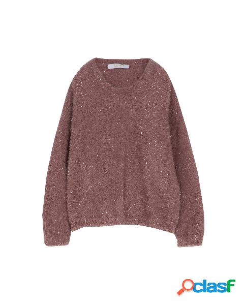 Maglia girocollo rosa cipria in eco pelliccia con inserti in
