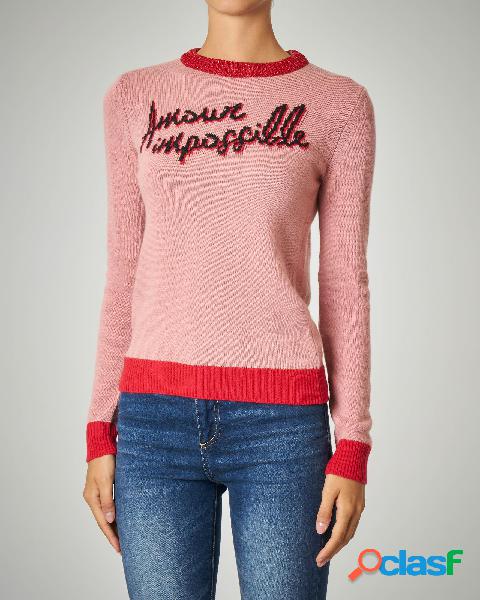 Maglia girocollo rosa con scritta jacquard
