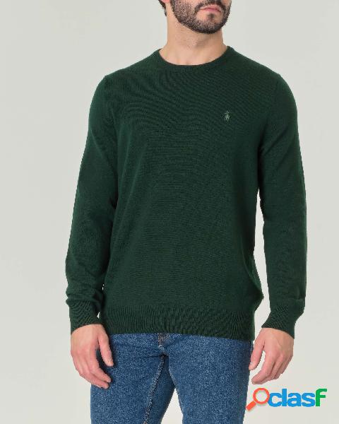 Maglia verde in pura lana con scollo a giro e logo in tono