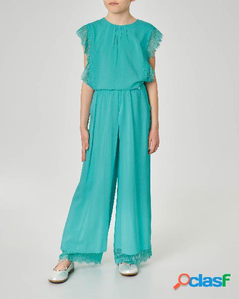 Pantalone verde acqua con fondo in pizzo 12-14 anni