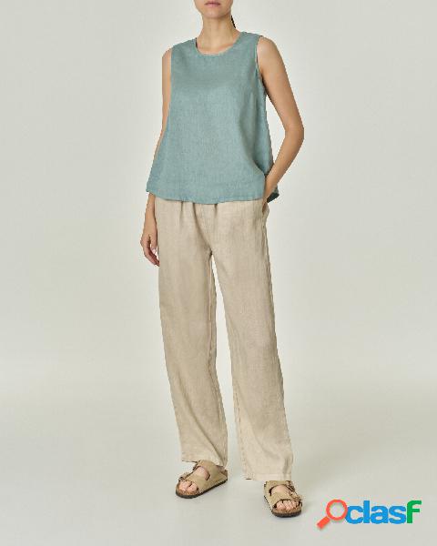 Pantaloni palazzo beige in lino con fascia in vita con