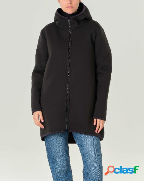 Parka nero lungo con cappuccio in tessuto scuba con interno