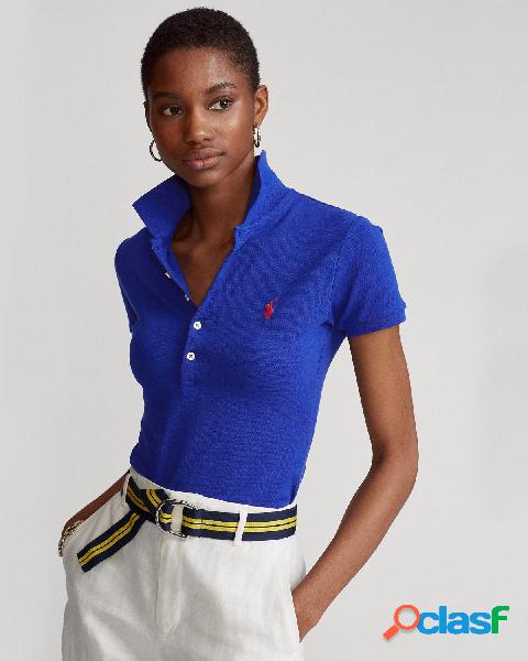 Polo blu royal in piquet con colletto classico e logo rosso