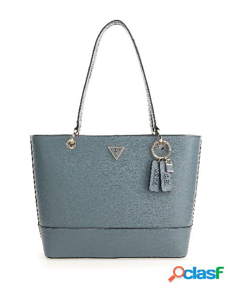 Shopping bag azzurra in similpelle effetto saffiano con