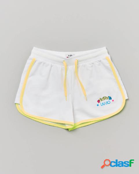 Short bianco in cotone stretch con profilo giallo fluo e