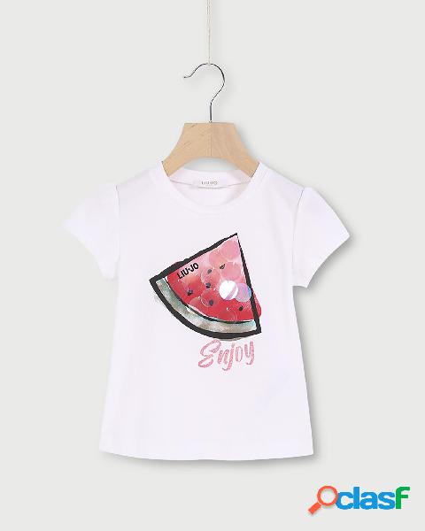 T-shirt bianca con stampa anguria e applicazione di maxi