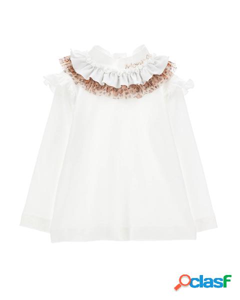 T-shirt lupetto bianca a manica lunga con rouches e tulle