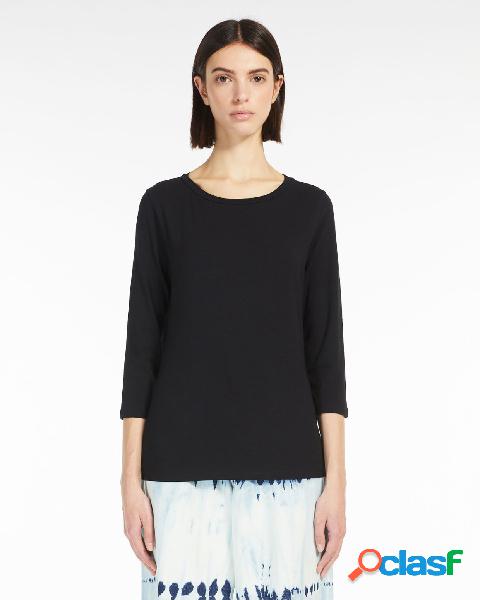 T-shirt nera in jersey di cotone stretch con maniche a tre