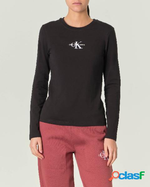 T-shirt nera in misto cotone a maniche lunghe con scritta