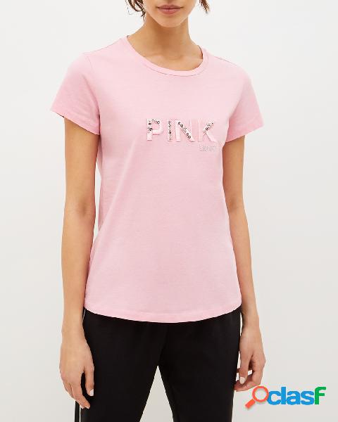 T-shirt rosa in cotone stretch con scritta ricamata in tono