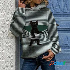 Womens Hoodie Pullover Basic Black Blue Gray Graphic Cat