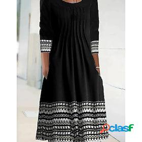 Womens Midi Dress Shift Dress Black 3/4 Length Sleeve Print