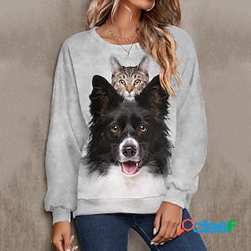 Womens Sweatshirt Pullover Basic Gray Cat Dog Street Long