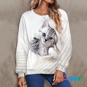 Womens Sweatshirt Pullover Basic White Cat Street Long