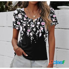 Womens T shirt Tee Blue Light Blue Black Button Print Floral