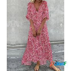 abito a trapezio da donna maxi abito lungo rosa manica corta