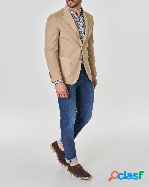 Blazer color sabbia a due bottoni in misto lino e cotone