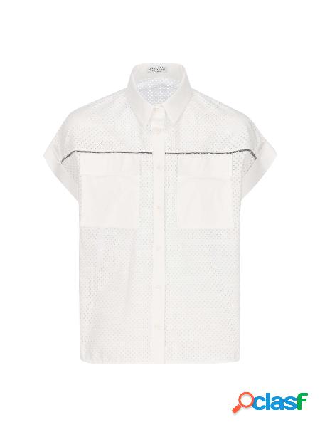Camicia In Popeline Traforato Di Cotone Con Monile