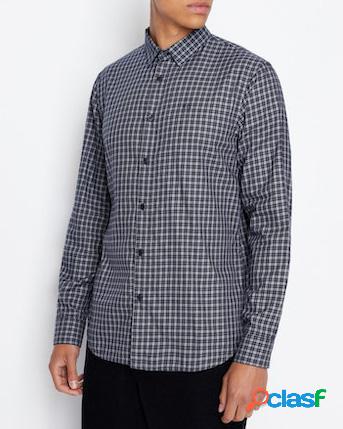 Camicia fantasia check blu e grigia in cotone con logo